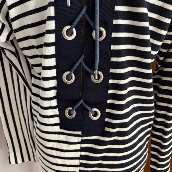 SACAI sz 2 M Striped Long Sleeve Tshirt Lace Back Navy Blue White - Picture 4 of 9